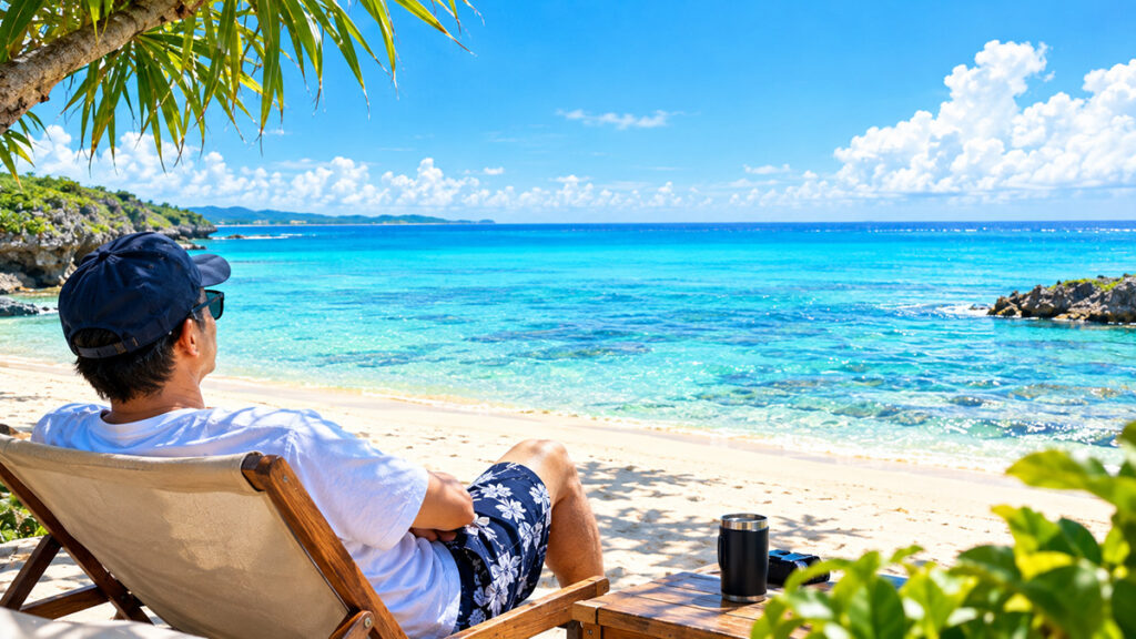 男の一人旅、海でまったり